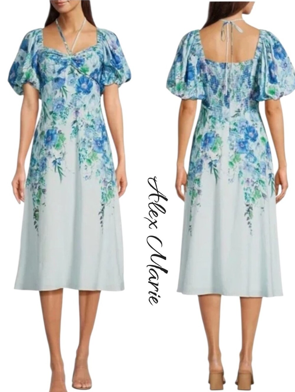 Alex Marie Monroe Floral Puff Sleeve Midi Tea Dress Blue White 8 NWT